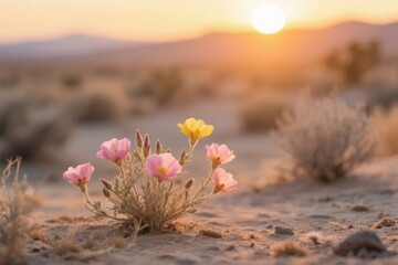 Desert wildflowers bloom in the sand at sunset with mountains in the background