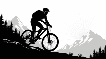 Silhouette of a mountain biker riding downhill on a rocky trail.
