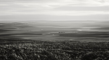 Black and White Panoramic View of Rolling Farmland with Winding River and Grasslands