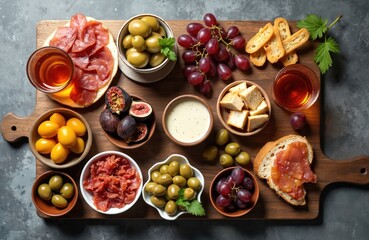 Platter of assorted appetizers with olives grapes figs cured meat and bread cubes. Dips and drinks complement rich spread arranged artistically on wooden board.