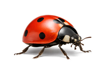 Cute red ladybug walking isolated on white background