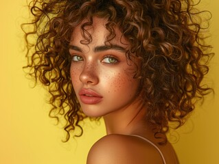 Close-up portrait of a beautiful young woman with curly hair and striking green eyes, against a vibrant yellow backdrop