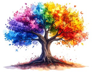 Vibrant watercolor tree with rainbow leaves, blending seamlessly from violet and blue to yellow, orange, and red hues