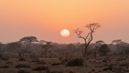 Sunset over a dry savanna landscape with scattered acacia trees and a hazy orange sky