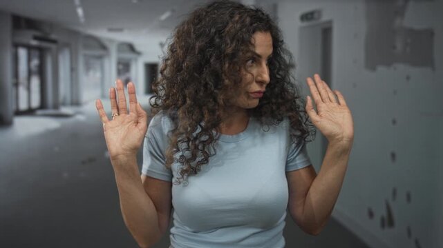 Young hispanic woman holds up both hands with palms facing outward inside an empty building; resignation.