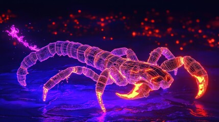 Neon scorpion, wireframe, glowing