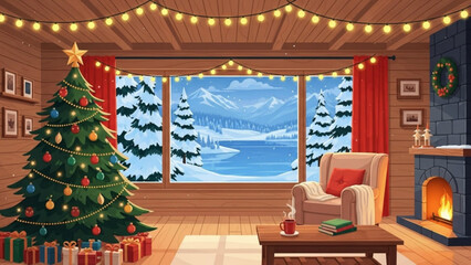Cozy winter living room with christmas tree, fireplace, and snowy landscape view through large window, decorated with lights, presents, and warm furniture