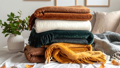 Stacked, folded blankets in various warm colors, arranged neatly on a white surface, with a vase and pillows