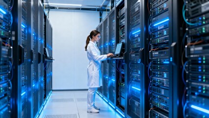 Woman working in server room