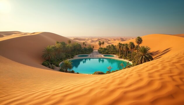 Desert oasis with blue pools and green palm trees. Sand dunes surround this arid landscape, offering a tropical paradise. Water reflects clear sky.