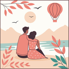 Romantic Couple Sitting on Beach Watching Sunset, Valentine's Day Flat Vector Illustration