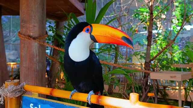 Toco toucan bird is sitting on a branch and looking at camera