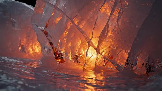 Glowing ice cavern with orange light reflection