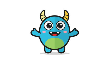 Obraz premium A cartoon blue monster with horns waves happily on a white background scene.