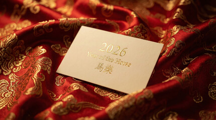 Close up view of a cream paper card with gold foil text reading "2026 Year of the Horse" resting on luxurious red silk fabric with gold embroidery, symbolizing Lunar New Year wealth and elegance.