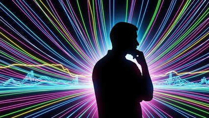 Silhouette of a thoughtful man against a vibrant neon light tunnel, digital art