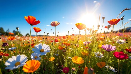 Fototapeta premium Vibrant wildflower meadow bathed in sunlight under a clear blue sky offers a colorful & warm view