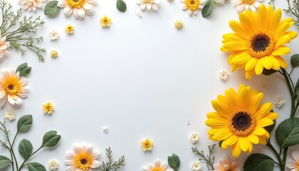 Bright yellow sunflowers, delicate white flowers with green leaves arranged on clean white background. Floral composition offers space for text product placement. Suitable for spring summer themes,