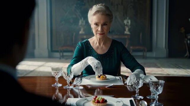 In this intriguing video, a figure elegantly dressed is seated at a lavish table, showcasing an opulent dining experience. The atmosphere is filled with mystery, leaving viewers to ponder the deeper m