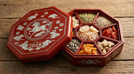 High angle view of an open octagonal red lacquer box filled with melon seeds, lotus root, and dried fruits, featuring a mother-of-pearl horse inlay and the year 2026 on the lid, symbolizing a traditio