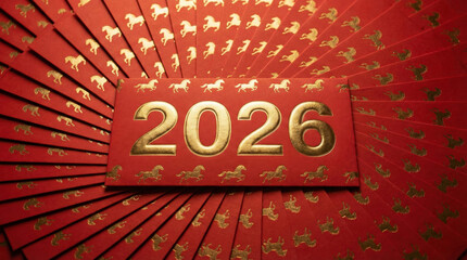Close up overhead view of a red envelope featuring the year 2026 in gold foil, placed on a radial arrangement of red packets with golden horse patterns, symbolizing luck and prosperity. 