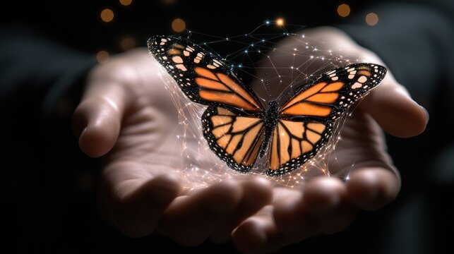 A butterfly, digitally enhanced, held gently in cupped hands