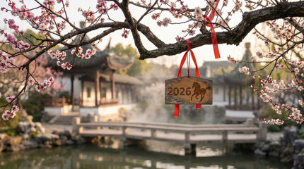 Scenic view of a wooden plaque carved with the year 2026 and a horse, hanging from a blooming plum blossom branch overlooking a misty lake and traditional pagoda.