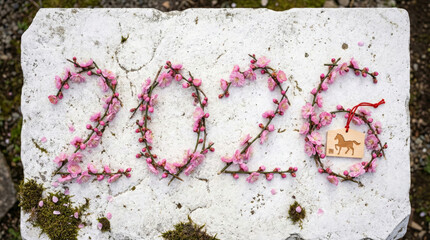 An overhead view of the numbers 2026 formed by arranged pink plum blossom branches on a textured white stone surface. A wooden Ema votive tablet featuring a horse illustration hangs from the number.