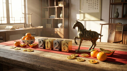 Still life arrangement of a bronze horse statue, metal number blocks forming 2026, and tangerines on a wooden table, symbolizing the Chinese New Year of the Horse.