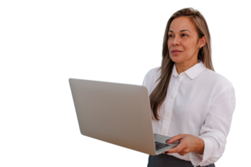 Professional woman standing, holding laptop, working on business strategy, planning and managing tasks with technology