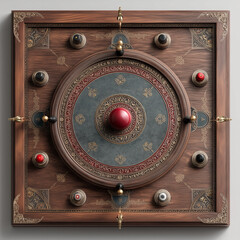 Antique circular mechanical dial with brass details mounted on wooden panel