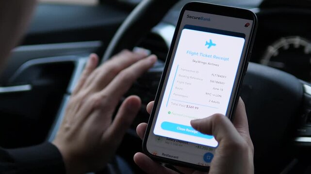 Mindful review of travel expenditure. In slow motion, a person carefully examines the digital receipt for a purchased flight ticket within their banking app. 