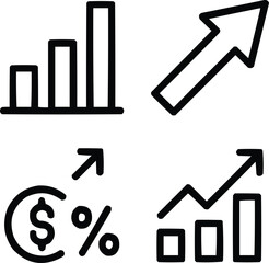 Financial Growth Outline Icon Set  Rising Bar Chart, Up Arrow, and Profit Indicators
