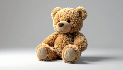 Obraz premium Fluffy Brown Teddy Bear Sitting on a White Surface with Soft Lighting.