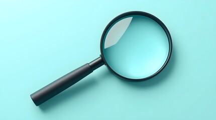 Minimalist flat lay of a magnifying glass on a light blue background