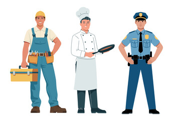 Flat vector illustration of diverse professional workers including construction worker chef and police officer standing isolated on white background.