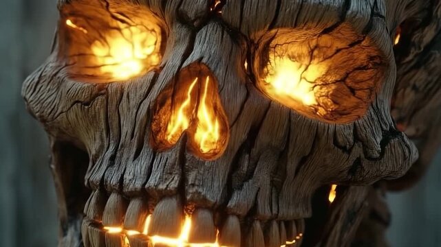 Wooden skull with glowing cracks revealing sunlight in creative display