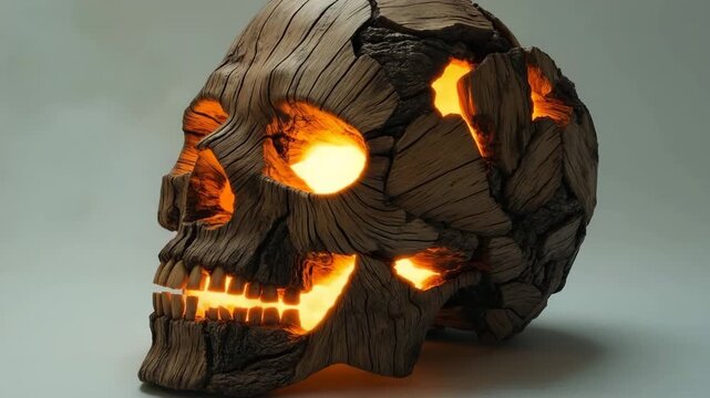 Wooden skull with glowing cracks revealing sunlight in creative display