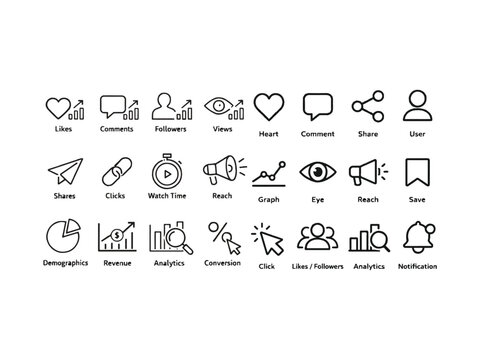 Minimal analytics icon pack for social media metrics using consistent