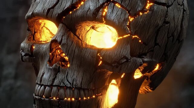 Wooden skull with glowing cracks revealing sunlight in creative display