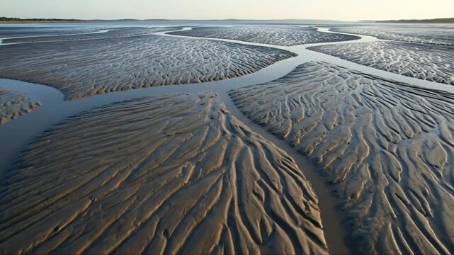 Aerial view of intricate sand patterns and water channels on a vast mudflat at low tide