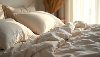 Unmade bed with crumpled linen bedding and plush pillows bathed in soft natural light. Cozy neutral tones create a serene, comfortable bedroom sanctuary for restful sleep and relaxation.