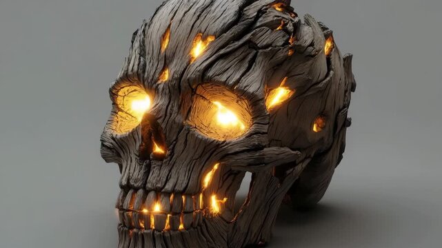Wooden skull with glowing cracks revealing sunlight in creative display