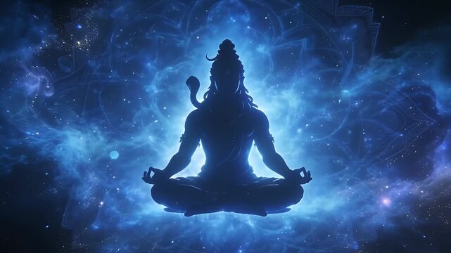Lord Shiva Meditating in Lotus Pose Amidst Cosmic Blue Energy and Starry Universe.