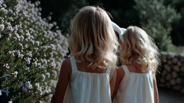 Two young girls wearing bunny ears walk hand in hand through a lush garden filled with flowers. Their joy is evident as they explore their beautiful surroundings together
