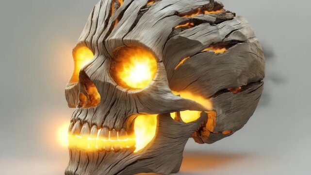 Wooden skull with glowing cracks revealing sunlight in creative display