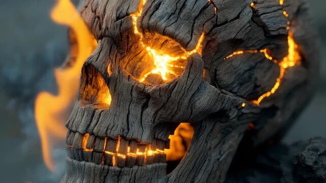 Wooden skull with glowing cracks revealing sunlight in creative display