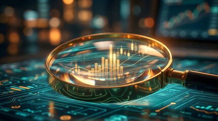 Digital data analysis with magnifying glass on circuit board
