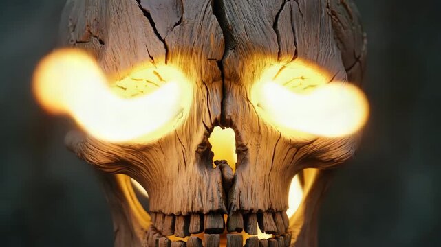 Wooden skull with glowing cracks revealing sunlight in creative display