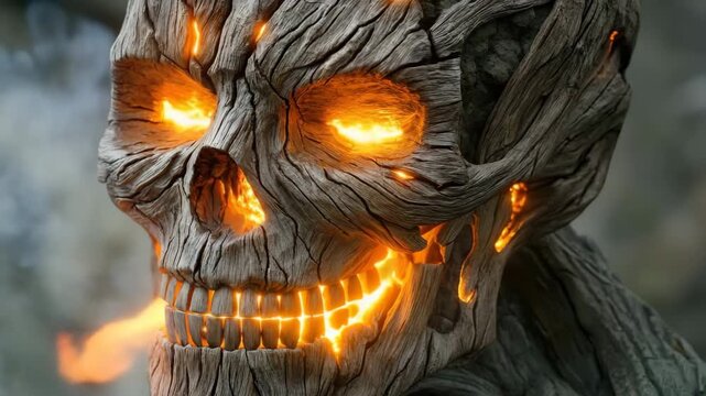 Wooden skull with glowing cracks revealing sunlight in creative display